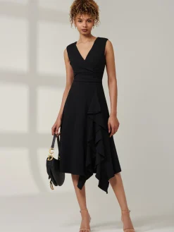 Ruffle Detail Midi Dress, Black
