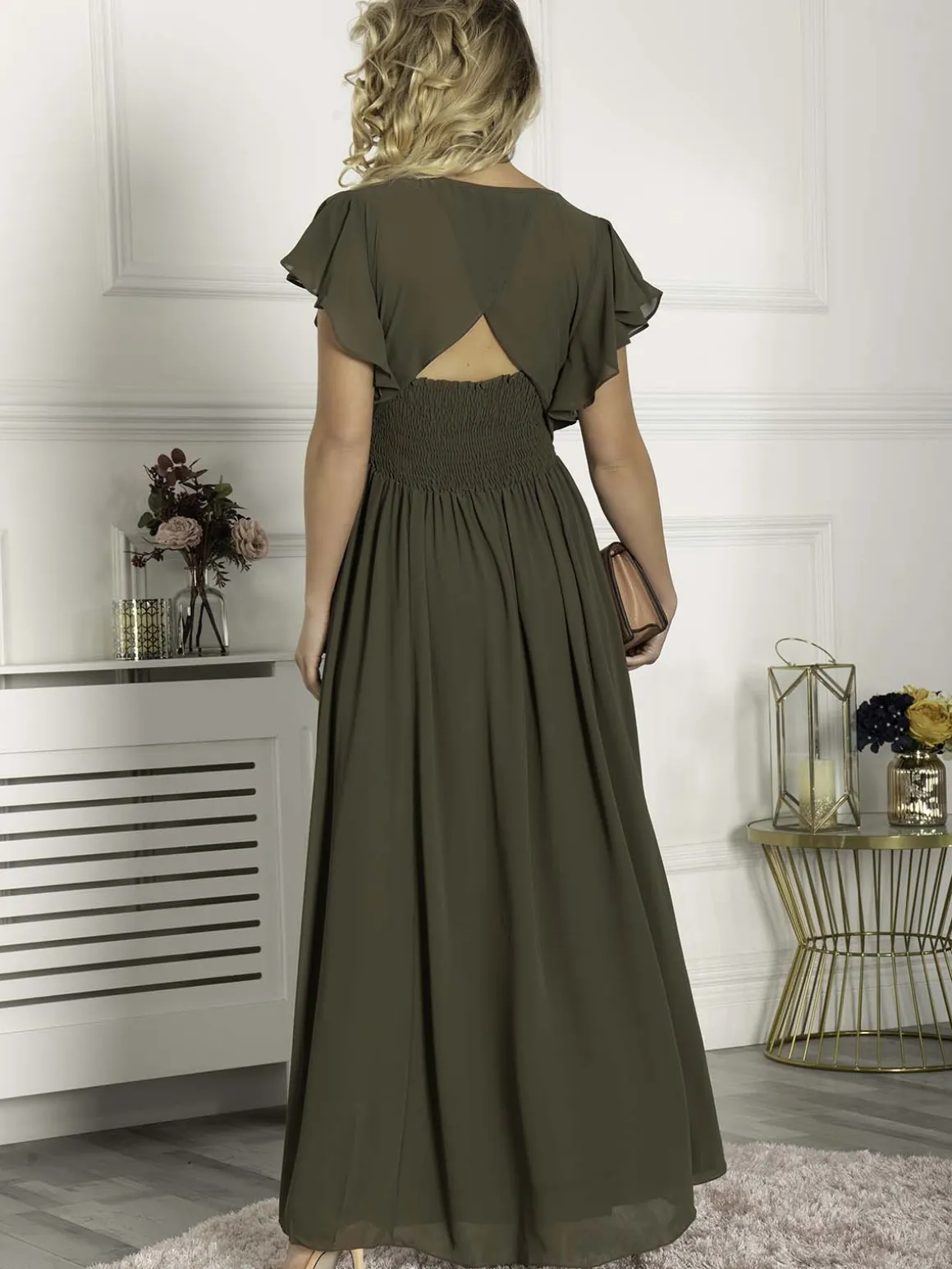Ruffle Sleeved Chiffon Maxi Dress, Soldier Green