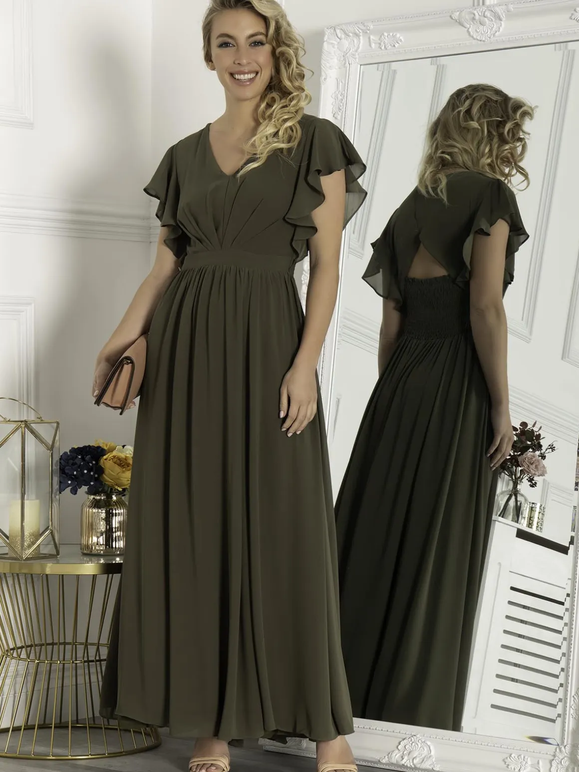 Ruffle Sleeved Chiffon Maxi Dress, Soldier Green
