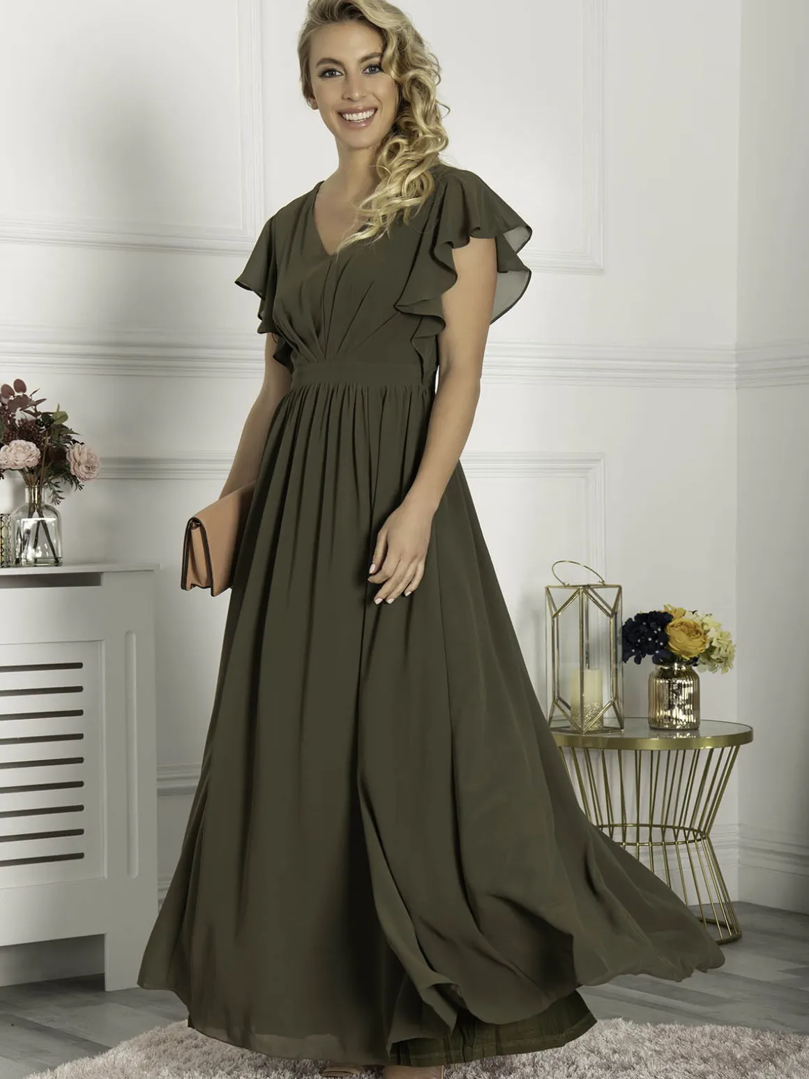Ruffle Sleeved Chiffon Maxi Dress, Soldier Green