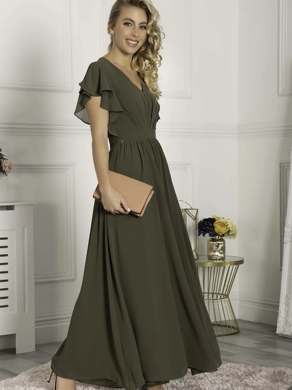 Ruffle Sleeved Chiffon Maxi Dress, Soldier Green