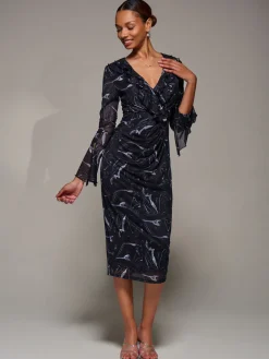 Ruffle V-Neckline Mesh Bodycon Midaxi Dress, Black Abstract