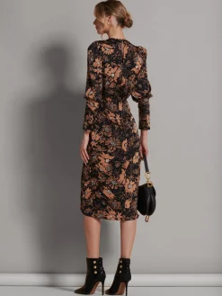 Satin Floral Shirt Dress, Brown Floral