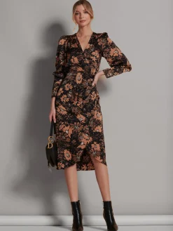 Satin Floral Shirt Dress, Brown Floral