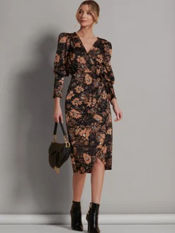 Satin Floral Shirt Dress, Brown Floral