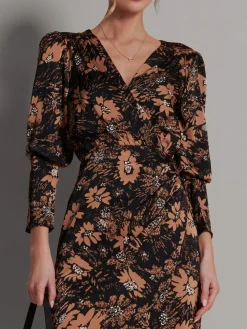 Satin Floral Shirt Dress, Brown Floral