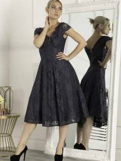 1950s Cap Sleeve Lace Prom Dress, Dark Grey