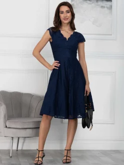 1950s Cap Sleeve Lace Prom Dress, Navy