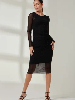 Sheer Long Sleeve Midi Dress, Black