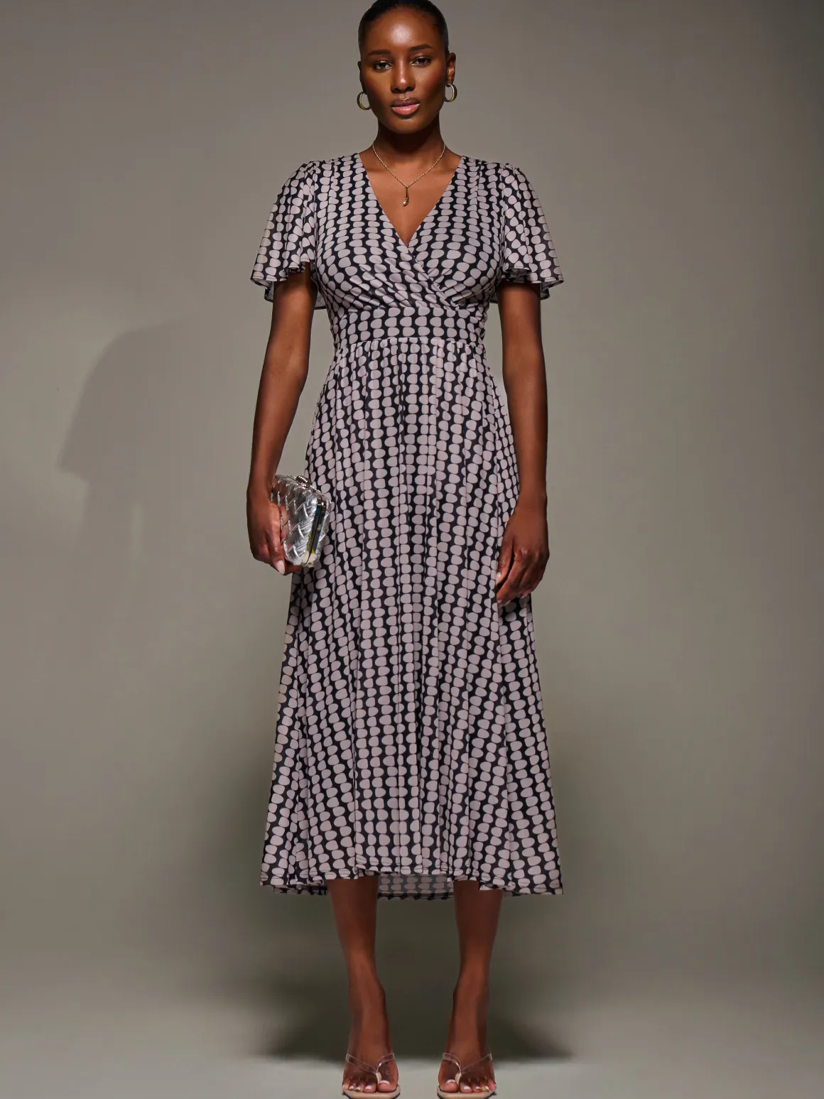 3/4 Sleeve Geo Shift Midi Dress, Black Geo