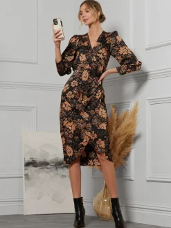 Sleeveless Bodycon Midi Dress, Brown Floral