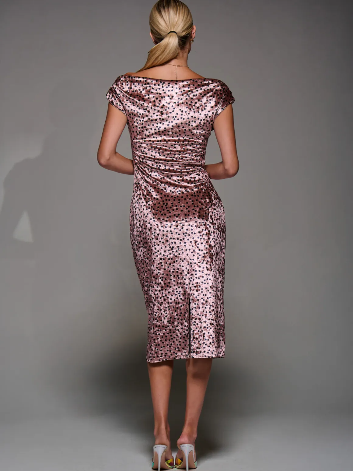 Velvet Print Ruched Bodycon Dress, Pink Polka