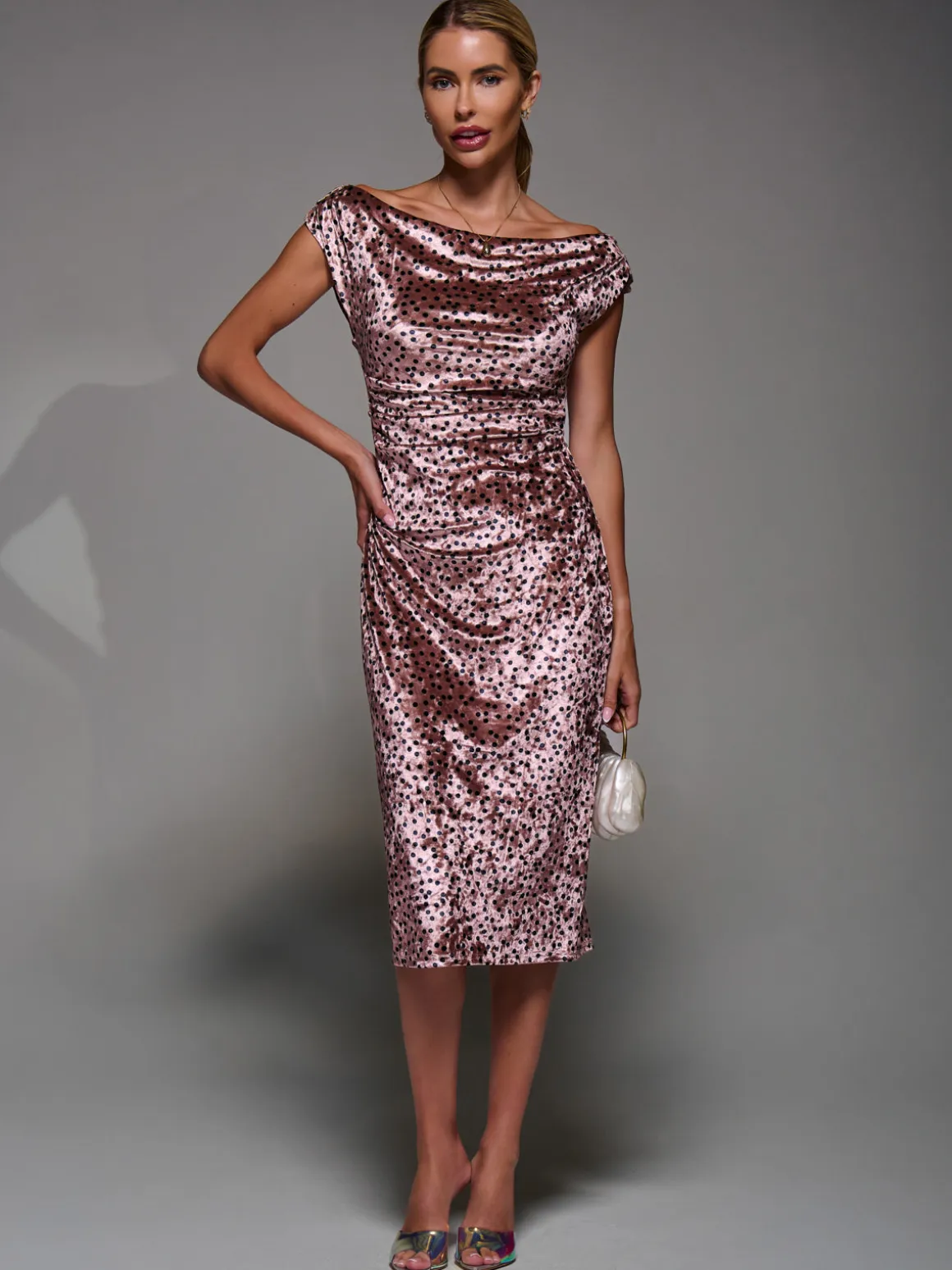 Velvet Print Ruched Bodycon Dress, Pink Polka