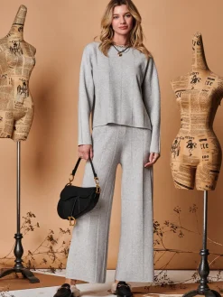Vertical Line Knit Flared Pants, Dove Heather