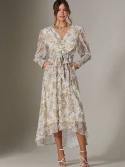 V Neck Tie Waist Puff Sleeve Maxi Dress, Cream Floral